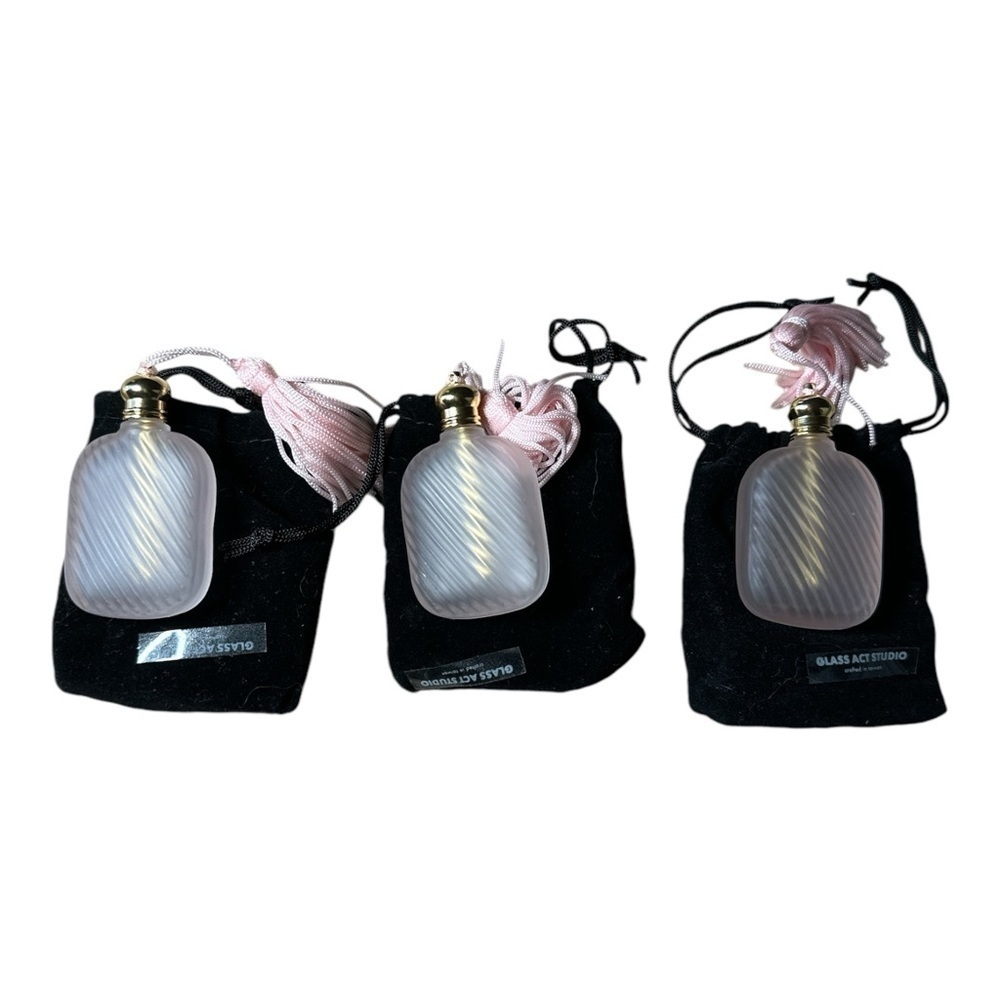 Set Of Three Light Frosted Pink Glass Art Studio Mini Perfume Bottle W/ Tassels - Picture 6 of 7